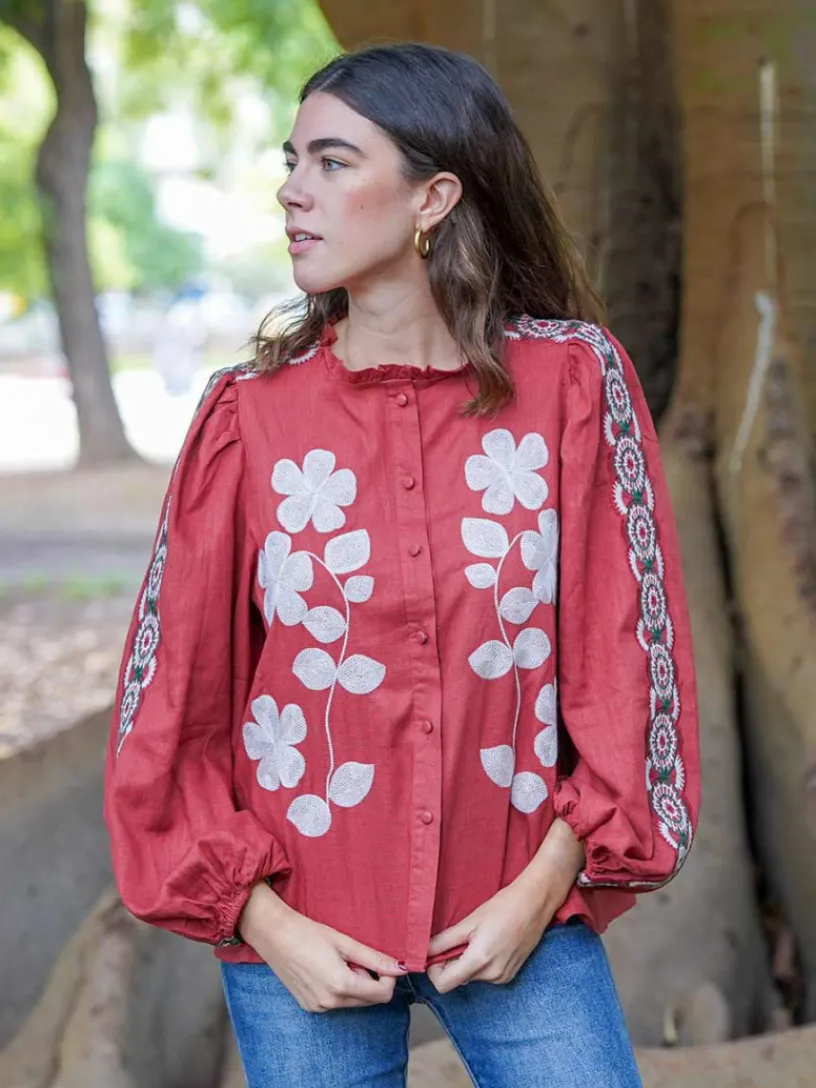 Blusas Y Camisas De Mujer-Mariquita Trasquilá CAMISA FLORES BORDADAS Teja